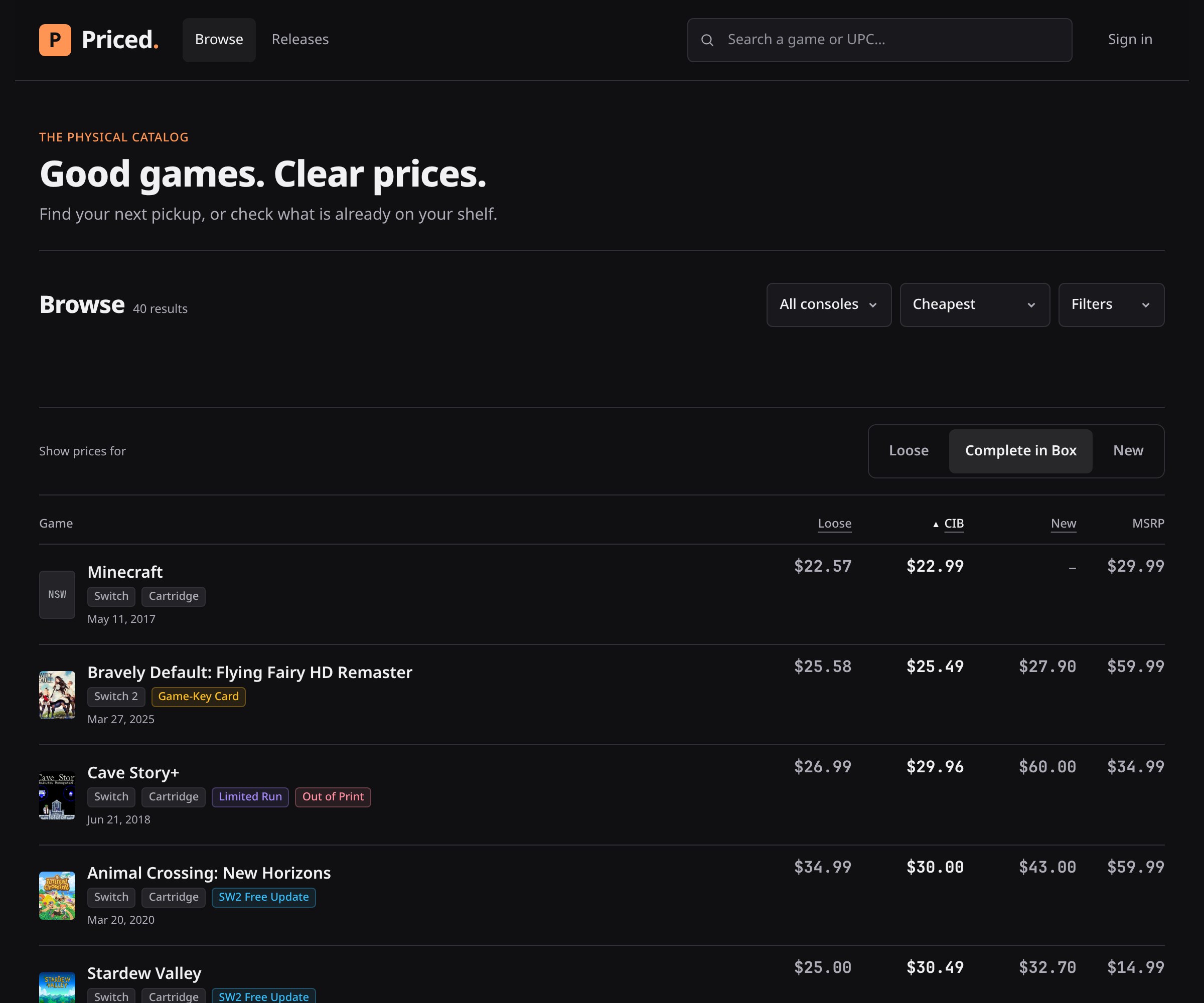 Priced browse page listing physical Switch and Switch 2 games with current prices